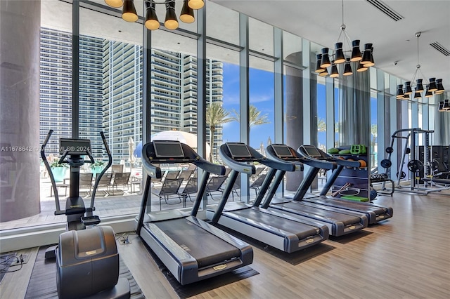 exercise room with wood-type flooring, an inviting chandelier, plenty of natural light, and expansive windows