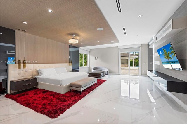 bedroom with ceiling fan, wooden ceiling, and access to exterior