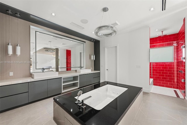 bathroom featuring vanity, tile patterned floors, and shower with separate bathtub