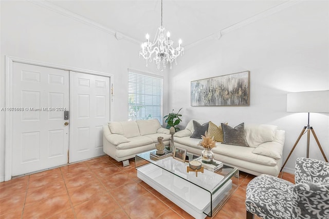 tiled living room featuring crown molding and an inviting chandelier