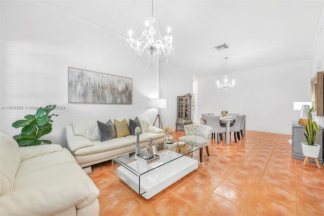 tiled living room featuring crown molding and a chandelier