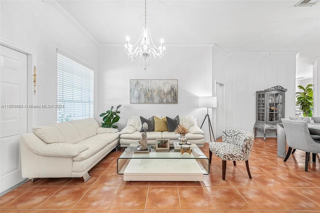 tiled living room with ornamental molding and a chandelier