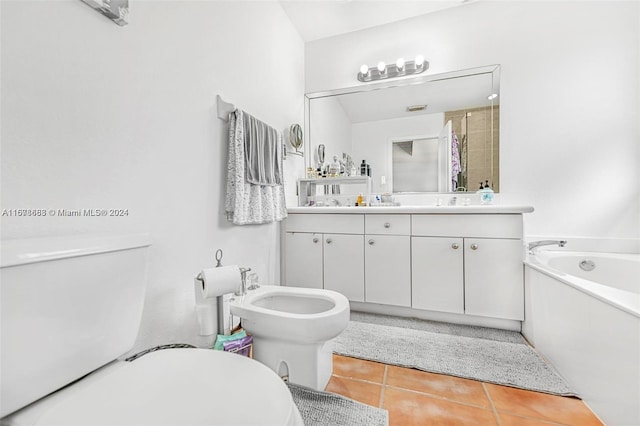 full bathroom with shower with separate bathtub, toilet, vanity, a bidet, and tile patterned flooring