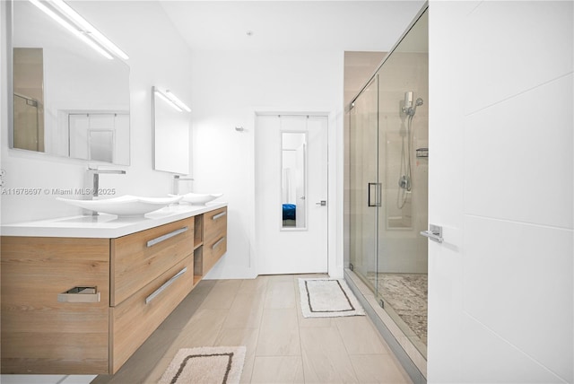 bathroom featuring vanity and a shower with shower door