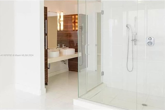 bathroom featuring vanity and a shower with shower door