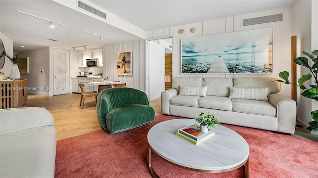 living room with wood-type flooring and rail lighting