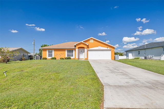 ranch-style house featuring cooling unit, a front lawn, and a garage