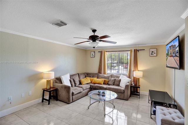 tiled living room with ornamental molding, a textured ceiling, and ceiling fan