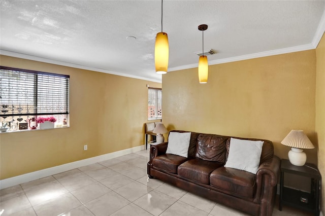 living room featuring ornamental molding, a textured ceiling, and plenty of natural light