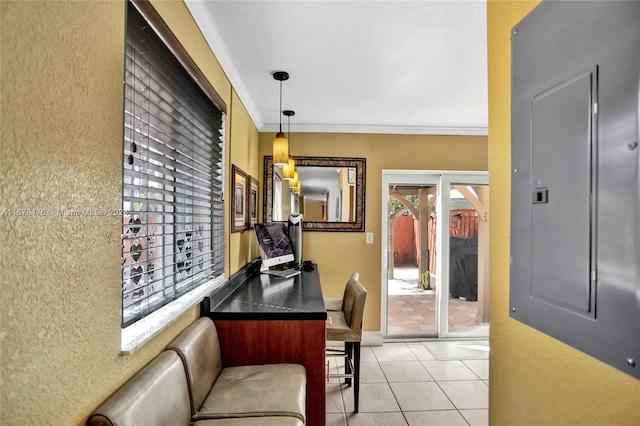 interior space featuring crown molding, electric panel, and light tile patterned floors