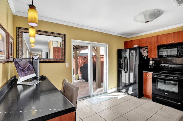 kitchen with ornamental molding, black appliances, decorative light fixtures, and light tile patterned floors