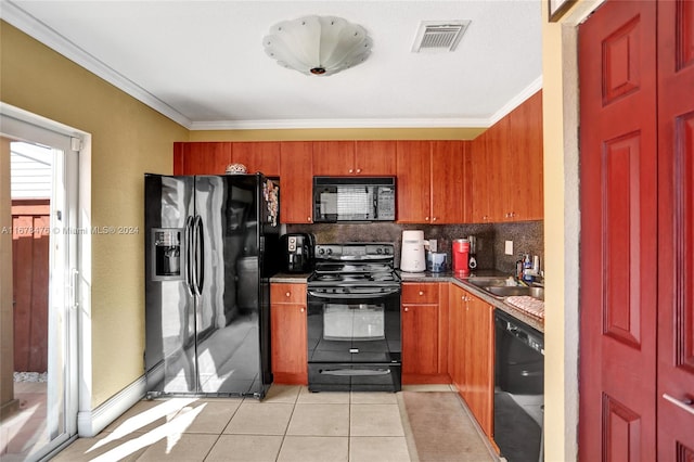 kitchen with backsplash, black appliances, sink, and ornamental molding