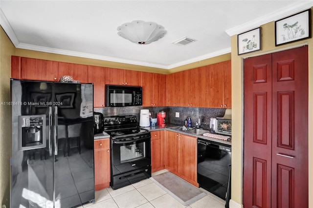 kitchen with decorative backsplash, ornamental molding, sink, black appliances, and light tile patterned floors