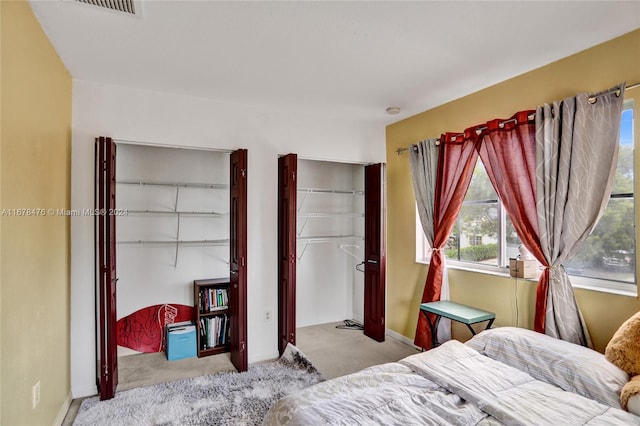 carpeted bedroom with multiple closets