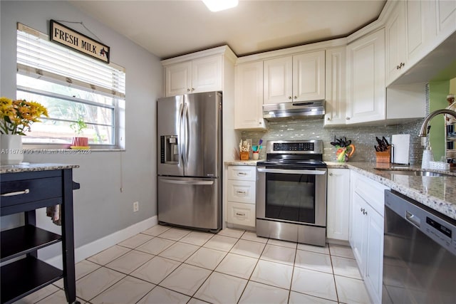 kitchen featuring appliances with stainless steel finishes, decorative backsplash, white cabinetry, and sink