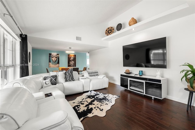 living room featuring lofted ceiling and hardwood / wood-style floors