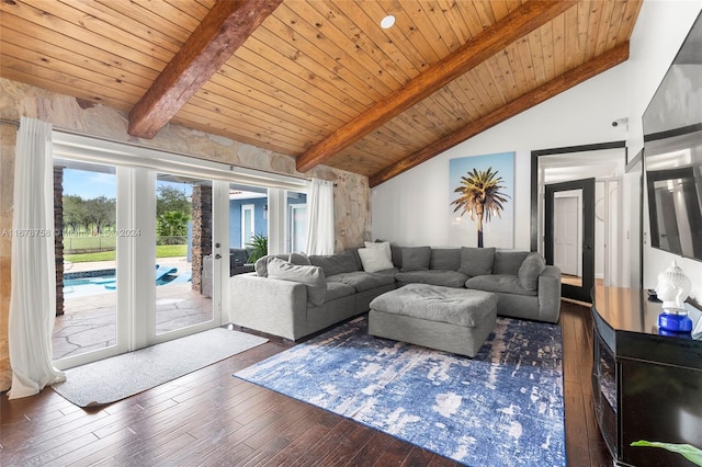 living room with french doors, wooden ceiling, dark wood-type flooring, and vaulted ceiling with beams