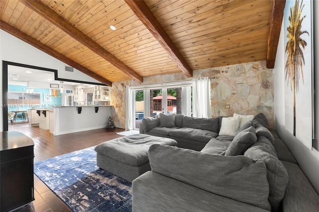 living room featuring vaulted ceiling with beams, wood ceiling, french doors, and dark wood-type flooring