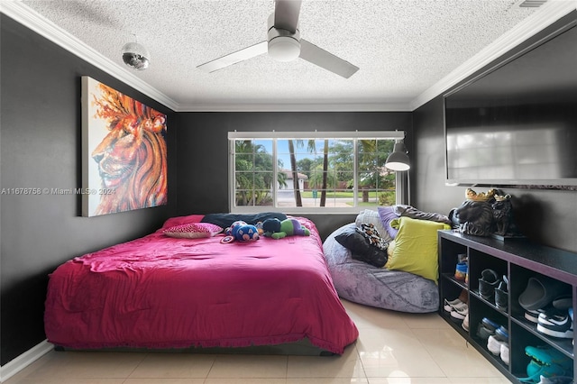 bedroom featuring crown molding, light tile patterned flooring, a textured ceiling, and ceiling fan