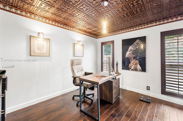 office area featuring plenty of natural light and dark hardwood / wood-style floors