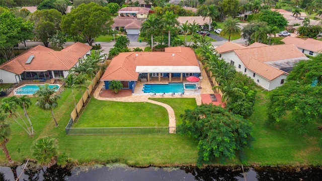 drone / aerial view featuring a water view