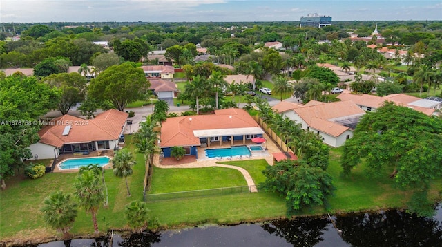 aerial view featuring a water view