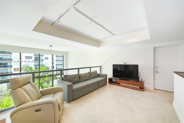 living room with a wealth of natural light, a tray ceiling, and rail lighting