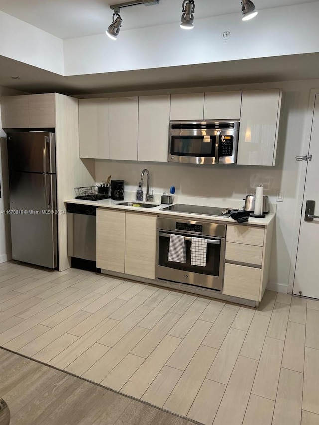 kitchen with light hardwood / wood-style floors, stainless steel appliances, and sink