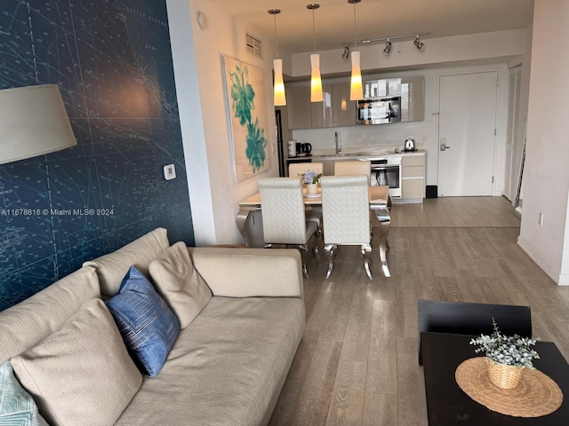 living room with tile walls, sink, hardwood / wood-style flooring, and rail lighting