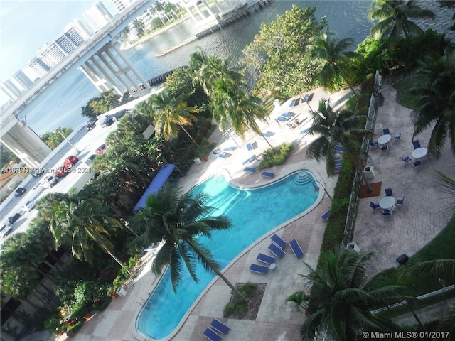 aerial view featuring a water view