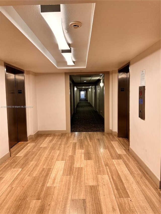 corridor featuring light hardwood / wood-style floors and elevator