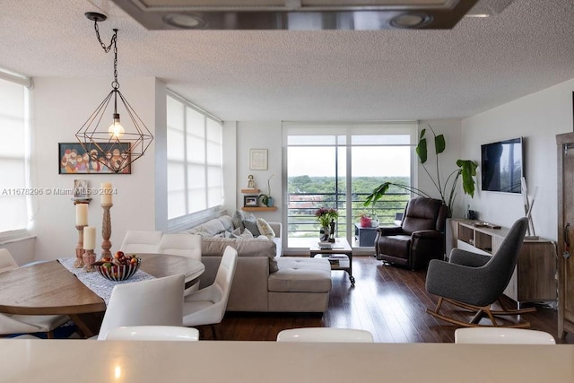 living room featuring a textured ceiling, dark hardwood / wood-style flooring, and a wall of windows