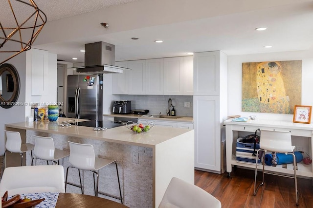 kitchen featuring white cabinetry, stainless steel fridge with ice dispenser, dark hardwood / wood-style flooring, island exhaust hood, and black electric stovetop