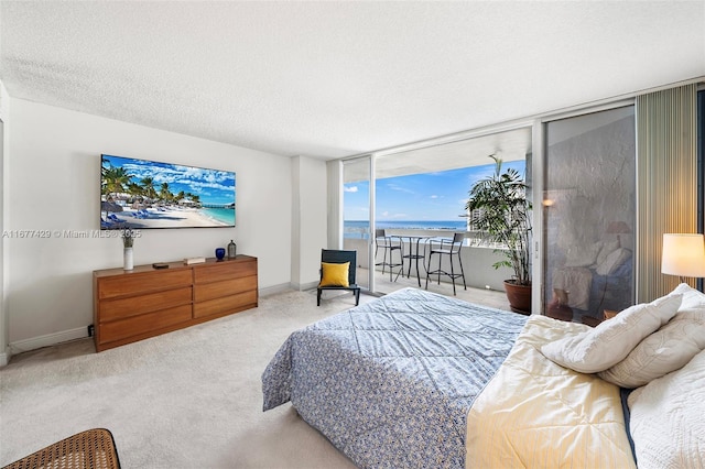 carpeted bedroom featuring a textured ceiling and expansive windows