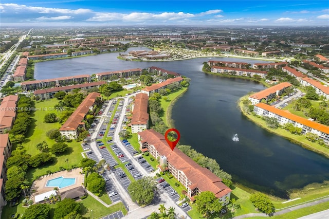 aerial view featuring a water view