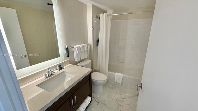 full bathroom with toilet, shower / bath combo with shower curtain, and vanity