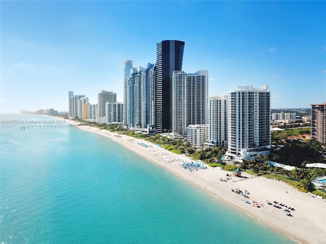 bird's eye view featuring a water view and a beach view