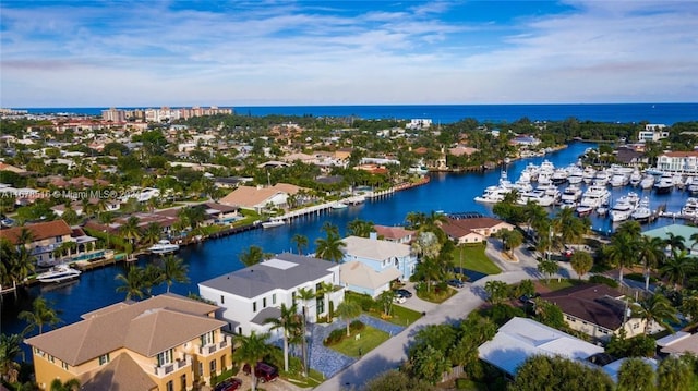 drone / aerial view featuring a water view