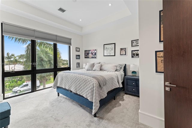 bedroom featuring light colored carpet and a tray ceiling