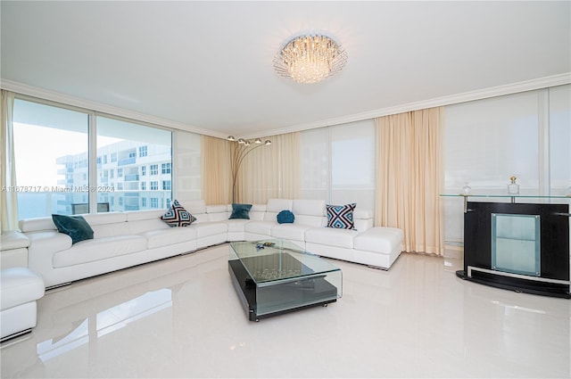 tiled living room with an inviting chandelier