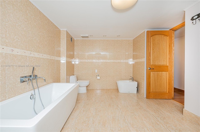 bathroom featuring crown molding, toilet, tile walls, and a bidet