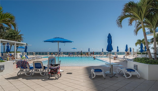 view of swimming pool with a patio area