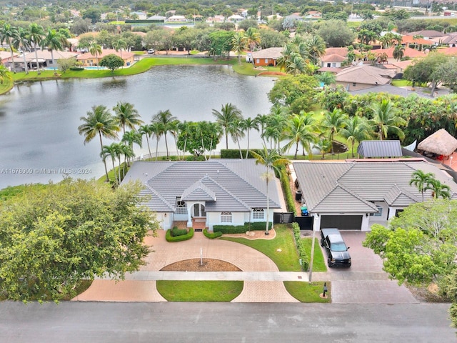 aerial view featuring a water view