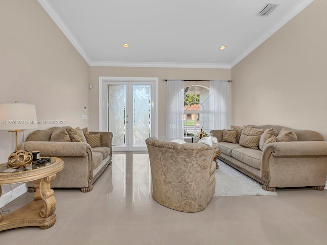 living room featuring ornamental molding, french doors, and light tile patterned floors