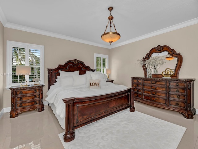 bedroom with ornamental molding and light tile patterned floors