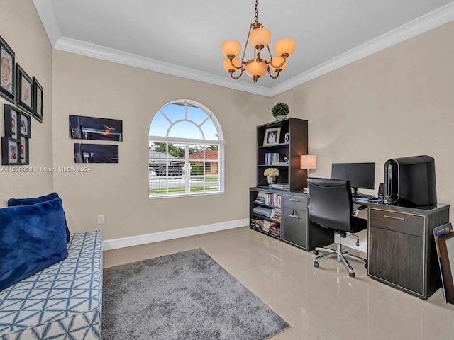 tiled home office with ornamental molding and an inviting chandelier