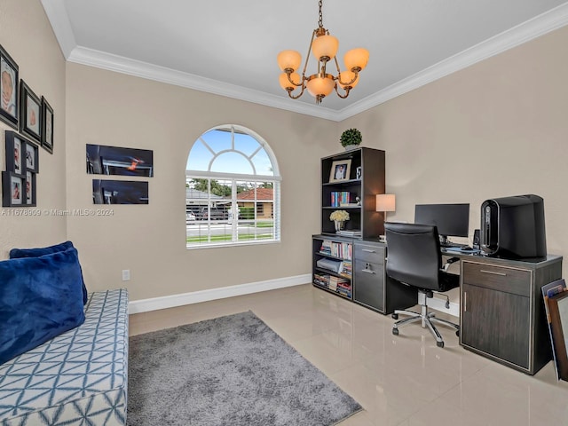 9026 NW 173rd Ter, Hialeah, FL 33018 - office area with a chandelier, crown molding, and tile patterned flooring