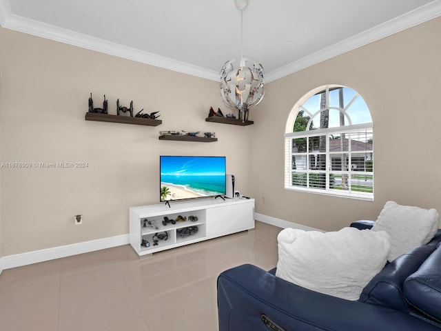 tiled living room featuring ornamental molding and a chandelier