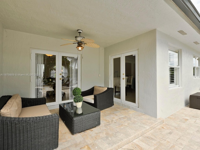 view of patio / terrace with french doors, an outdoor hangout area, and ceiling fan