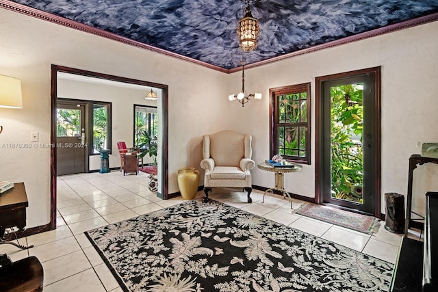 living area with crown molding, light tile patterned flooring, and a notable chandelier